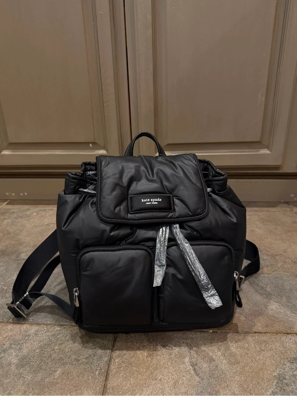 kate spade Black Nylon Roll-Top Backpack with Front Pockets